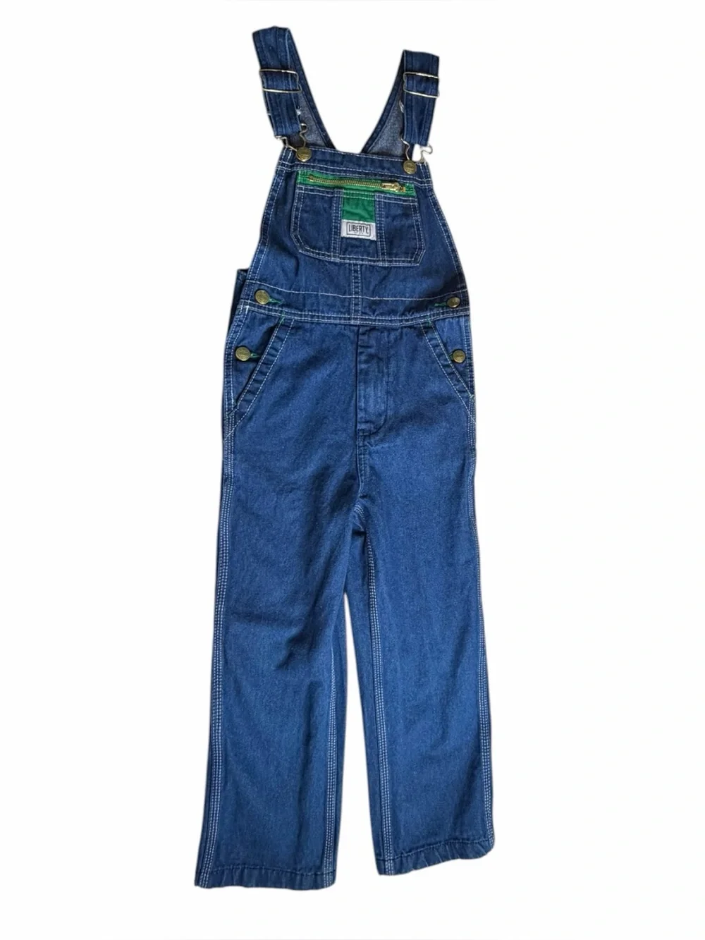 Liberty Blue Denim Bib Overalls Youth Kids Size 7R Green Zipper Pocket